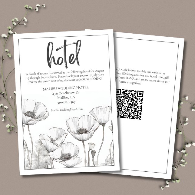 White Poppies Elegant Blommigt Bröllop Hotel Tilläggskort (White Poppies Elegant Wedding Hotel Enclosure Card with QR Code for Wedding Website.)