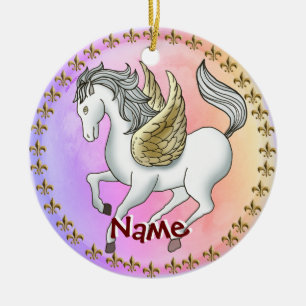 White Prancing Pegasus Unicorn Julgransprydnad Keramik