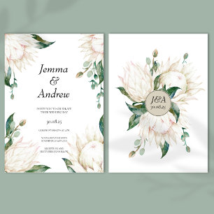 White Protea Elegant Flowers Greenery Bröllop Inbjudningar
