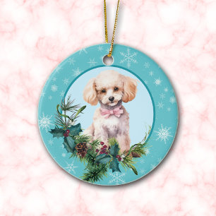 White Pudel Evergreen Blue Snowflake Gräns Julgransprydnad Keramik