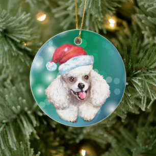 White Pudel Hund Red Santa Hat jul Julgransprydnad Keramik