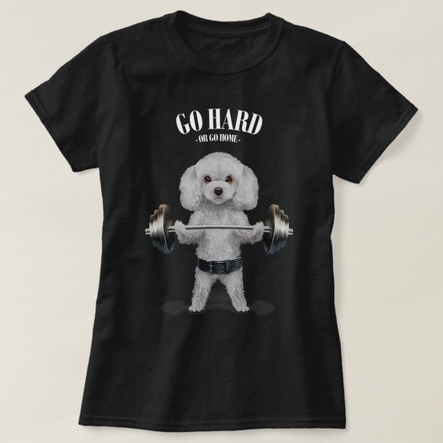 White Pudel Hund Weightlift i Fitness Gym T Shirt (Design framsida)