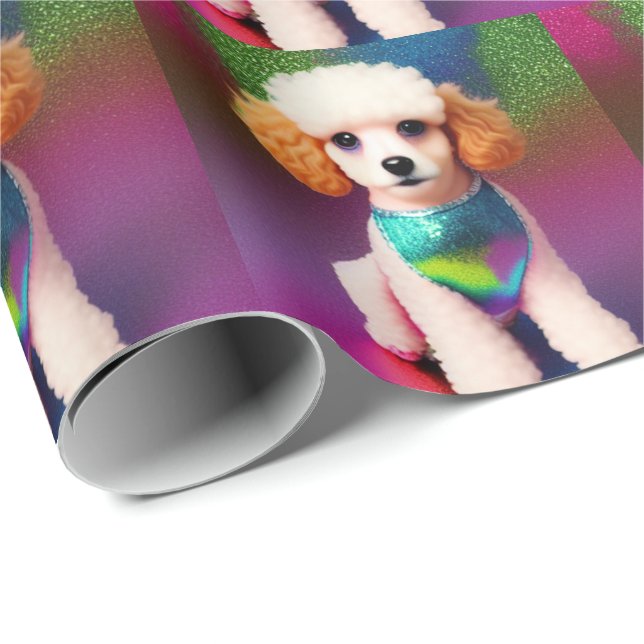 White Pudel med Cream Öron på Rainbow Gnistra Presentpapper (Rullad Hörn)