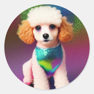 White Pudel med Cream Öron på Rainbow Gnistra Runt Klistermärke