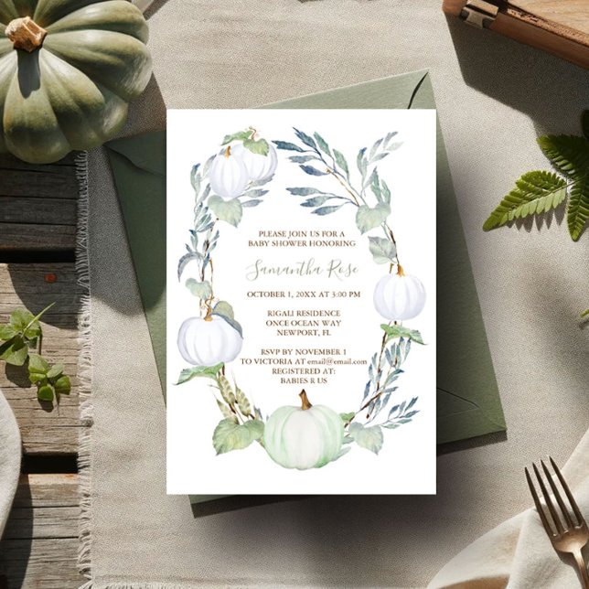 WHITE PUMPKIN and Greenery BABY Shower Inbjudningar (Gender neutral baby shower invitations fall white and green pumpkins watercolor)