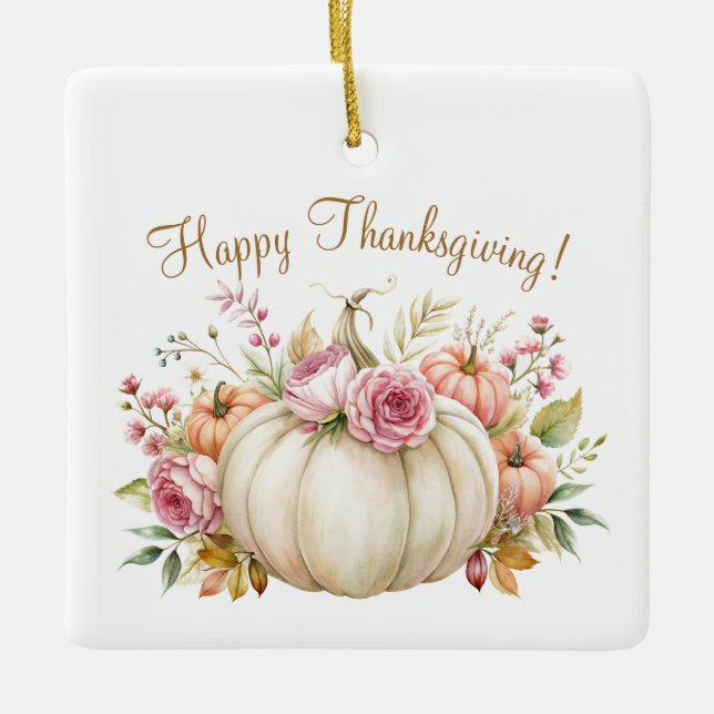 White Pumpkin Blommigt Happy thanksgiving Ornament (Framsida)