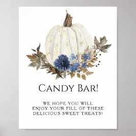 White Pumpkin-Blommigten Blue Fall Candy Pub Sign Poster