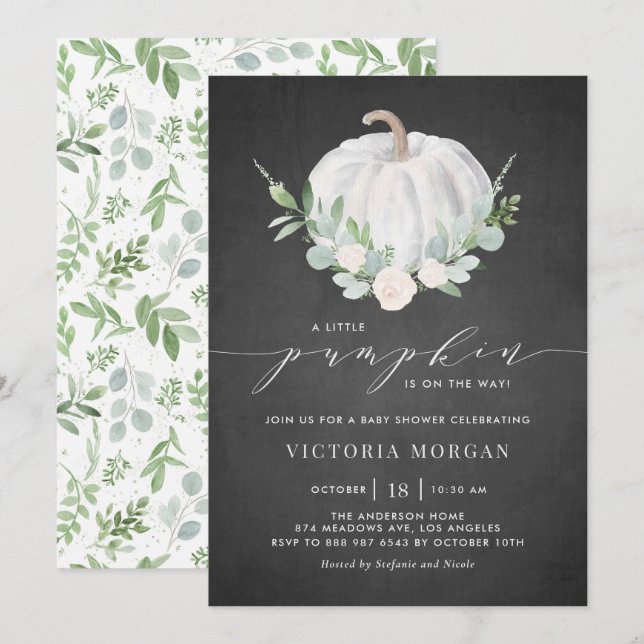 White Pumpkin Greenery Chalkboard Fall Baby Shower Inbjudningar (Fram/baksida)