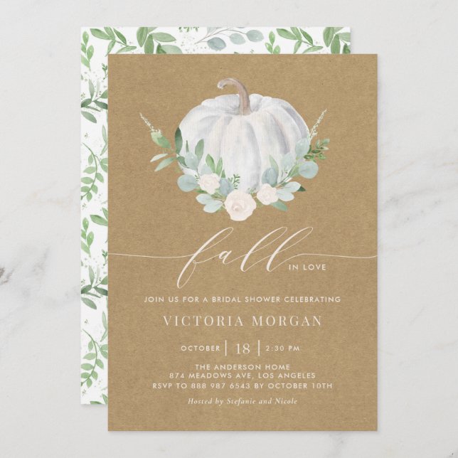 White Pumpkin Kraft Papper Fall Möhippa Inbjudningar (Fram/baksida)