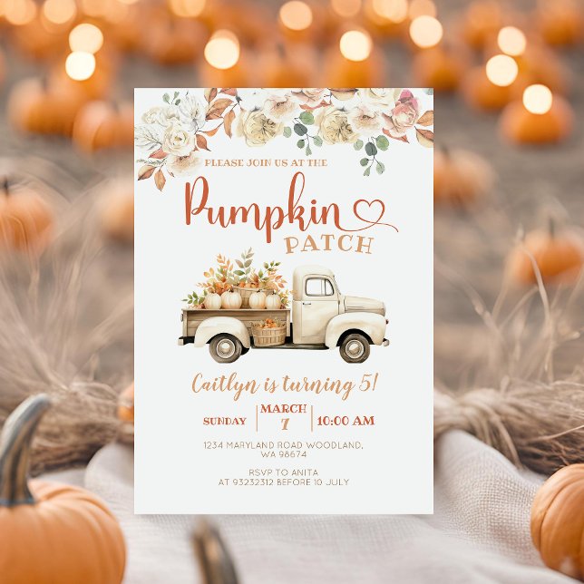 White Pumpkin Lastbil Patch 5:e Födelsedagsfesten Inbjudningar (Skapare uppladdad)