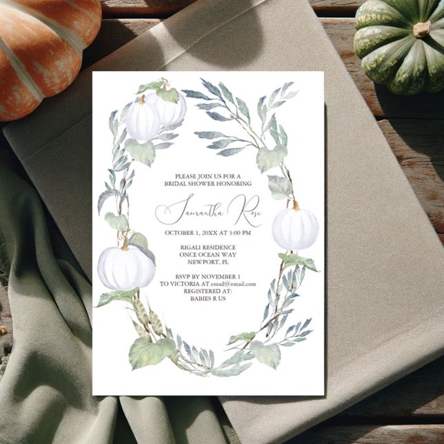 WHITE PUMPKIN Möhippa Grönt Löv Inbjudningar (Fall bridal shower invitations watercolor white pumpkin with sage green. Shop online for printable )