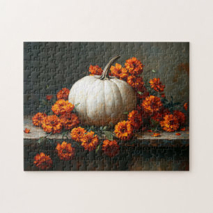 White Pumpkin Orange Marigolds Pussel