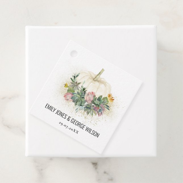 WHITE PUMPKIN ROSA PROTEA SUCCULENT FAUNA BRÖLLOP GÅVOR ETIKETTER (På plats)