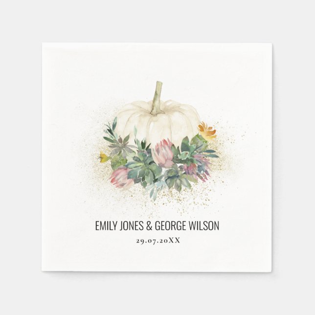 WHITE PUMPKIN ROSA PROTEA SUCCULENT FAUNA BRÖLLOP PAPPERSSERVETT (Framsidan)