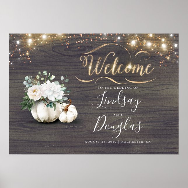 White Pumpkin Rustic Fall Wedding Sign Poster (Framsidan)