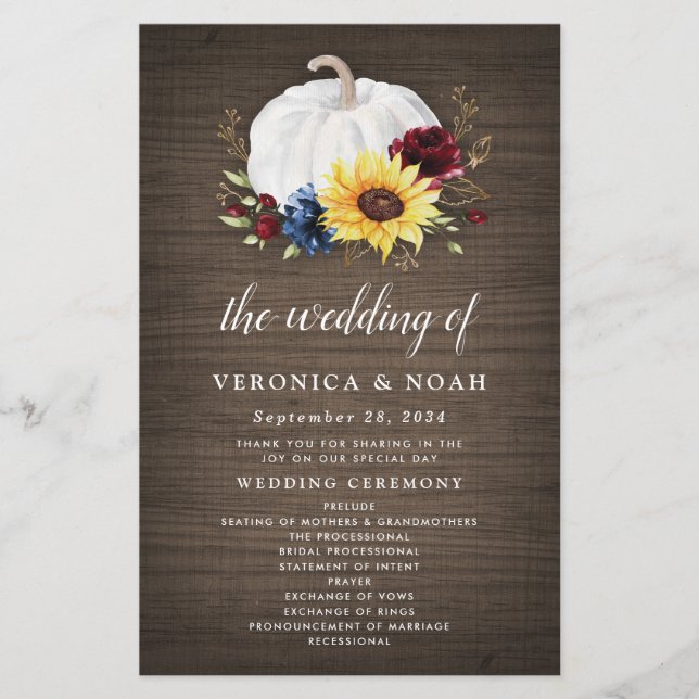 White Pumpkin Solros Guld Fall Wedding Program (Framsida)