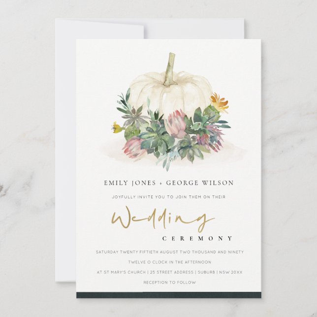 WHITE PUMPKIN SUCCULENT FAUNA WEDDING INVITE TACK KORT (Framsida)