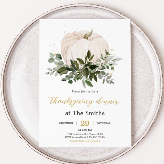 White Pumpkin Thanksgiving Dinner Party Inbjudningar (White Pumpkin Fall Thanksgiving Dinner Party Invitation)