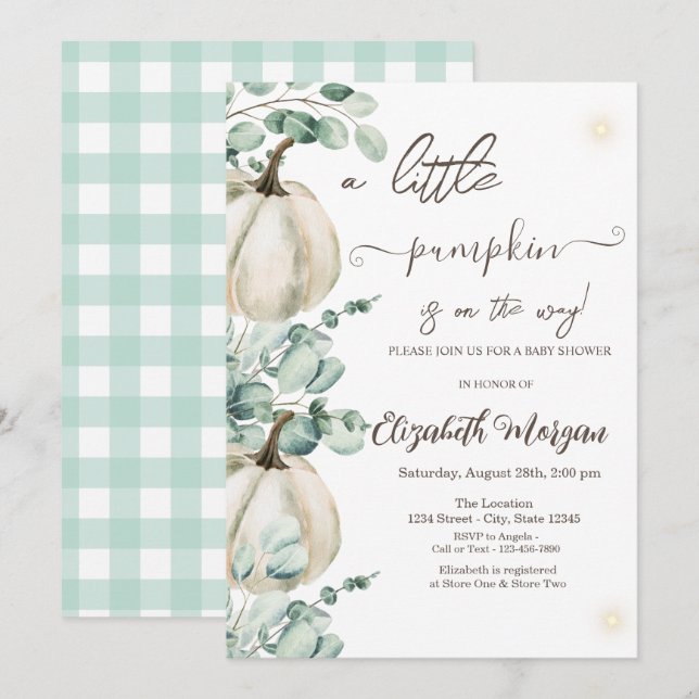 White Pumpkins Greenery Baby Shower Inbjudningar (Fram/baksida)