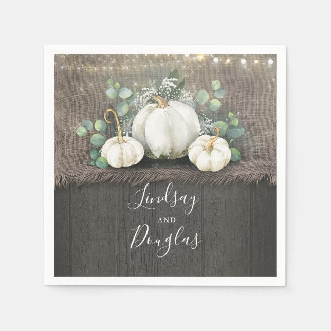 White Pumpkins Rustic Land Fall Wedding Pappersservett (Framsidan)