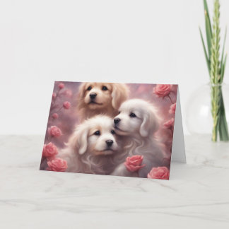 White Puppies Pink Roses Valentines Day Kort