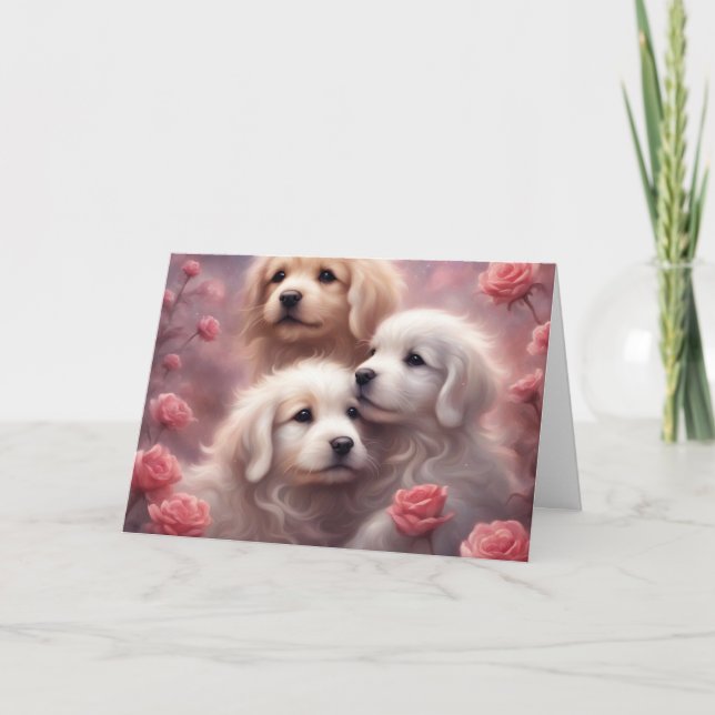 White Puppies Pink Roses Valentines Day Kort (Framsida)
