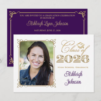 White, Purple, Gold 2026 Photo Graduation Invite Inbjudningar