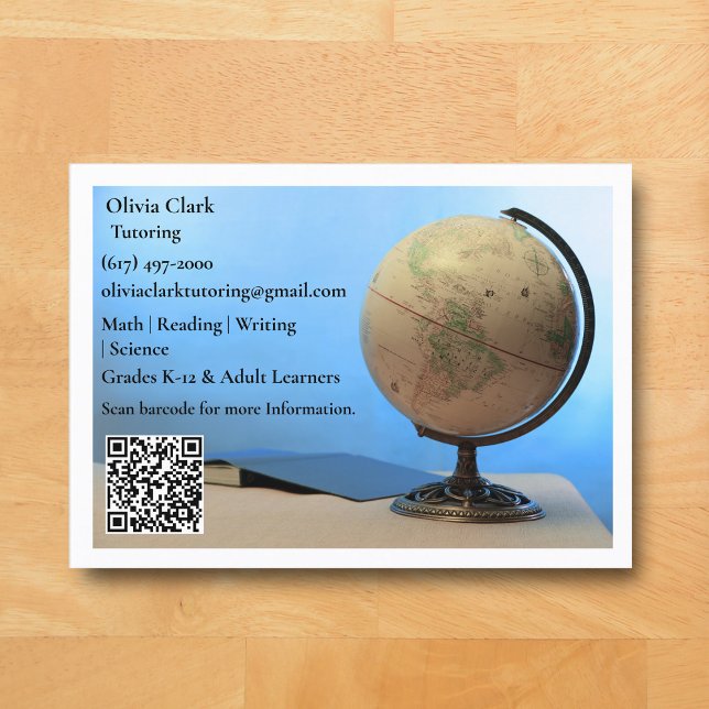 White QR Code Tutor Teacher Globe & Book Classroom Visitkort (White Globe  Business Card for Teacher )