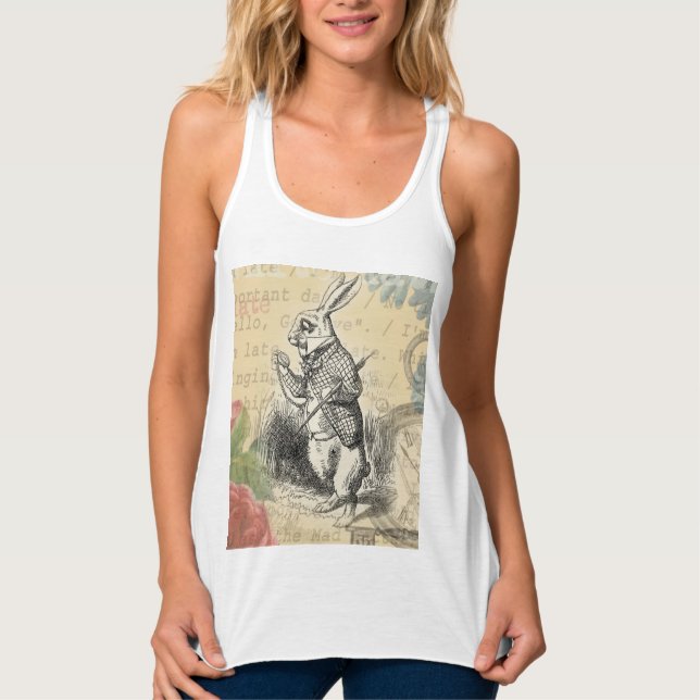 White Rabbit Alice i Wonderland Art Linne Med Racerback (Framsida)