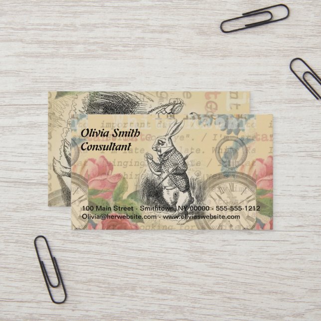 White Rabbit Alice i Wonderland Art Visitkort (Fram/Back In Situ)