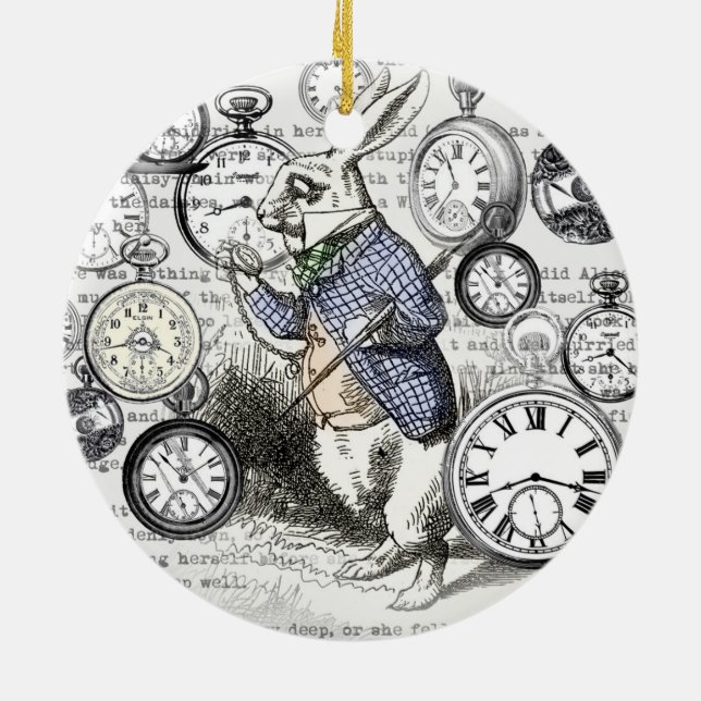 White Rabbit Alice i Wonderland Clocks Julgransprydnad Keramik (Baksidan)