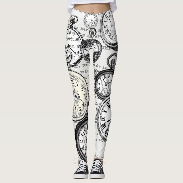 White Rabbit Alice i Wonderland Clocks Leggings (Framsida)