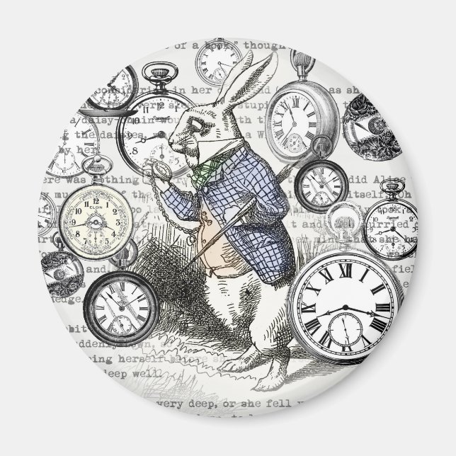 White Rabbit Alice i Wonderland Clocks Magnet (Framsidan)
