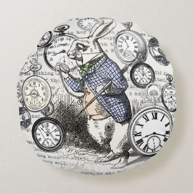 White Rabbit Alice i Wonderland Clocks Rund Kudde (Framsidan)