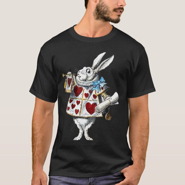 White Rabbit Alice Wonderland Hearts T Shirt (Framsida)