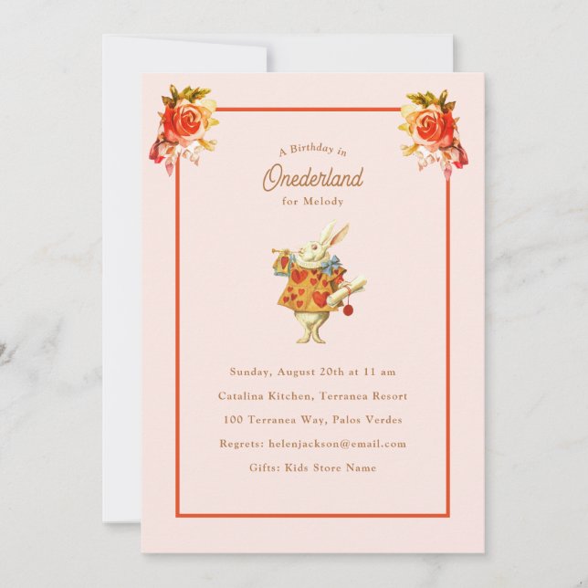 White Rabbit Herald Alice i Onederland Birthday Inbjudningar (Framsida)