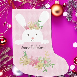 White Rabbit Rosa Guld Poinsettia Blommigt Liten Julstrumpa