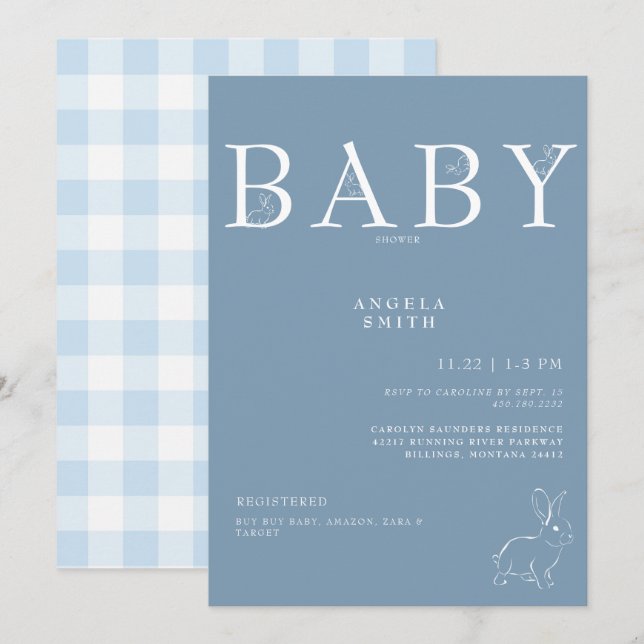 White Rabbits Light Blue Gingham Baby Shower Inbjudningar (Fram/baksida)
