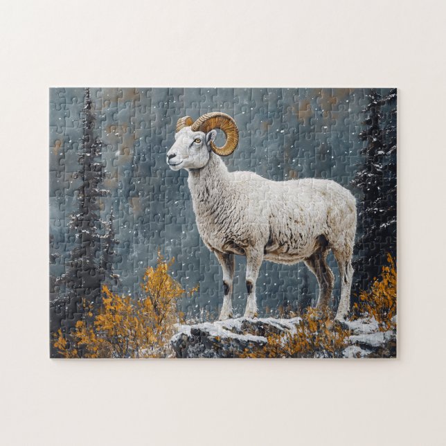 White Ram står på Snowy Mountain Pussel (Horisontell)