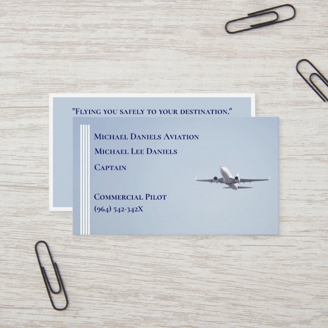 White Rand Commercial Airplane Pilot Visitkort (Fram/Back In Situ)