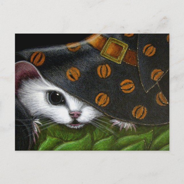 WHITE RÅTTA MOUSE WITH WITCH HALLOWEEN HAT POSTCAR VYKORT (Framsida)