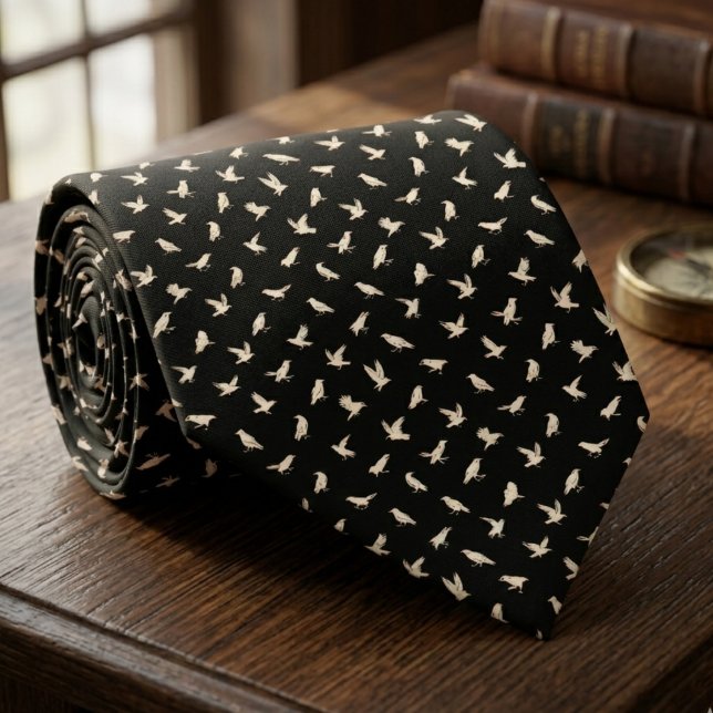 White Raven Bird Pattern – Gothic Groom Gift Slips (White raven gothic black neck tie)