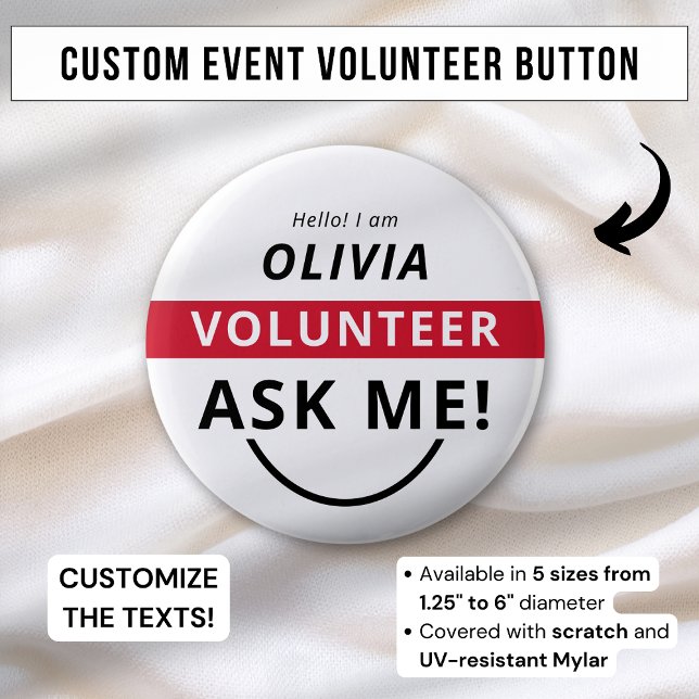 White Red Ask Me Volunteer Badge Event Namn bricka Knapp (Skapare uppladdad)