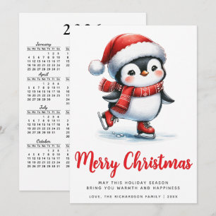 White Red Cute Ice Skating Penguin God jul Julkort