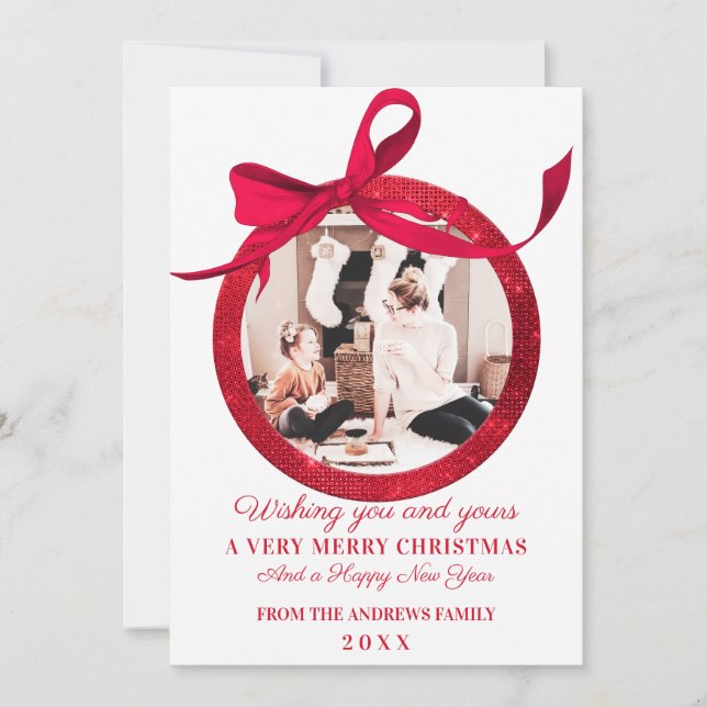 White Red Glitter Bow Ornament Photo jul Julkort (Framsida)