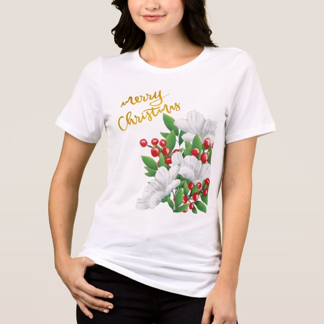 White Red Grönt Blommigt Guld God jul T Shirt (Framsida)