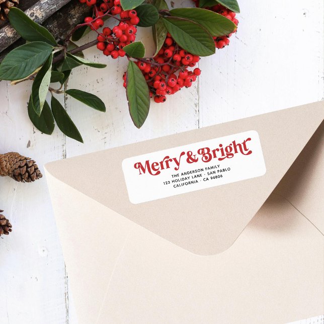 White Red Merry Bright Retro Julafton Returadress Returadress Etikett (Skapare uppladdad)