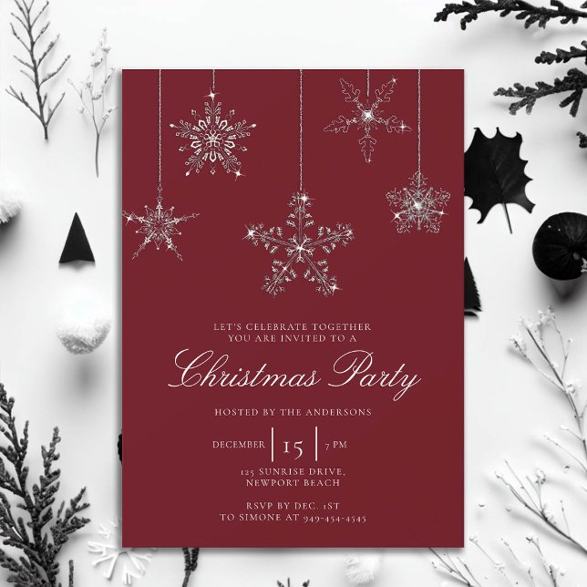 White Red Rhinestone Snöflingor Glitter jul Inbjudningar (rhinestones glitter christmas party invitation elegant white red modern minimalist classy stylish)