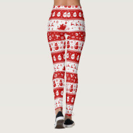White & Red Santa Ansikte och Snögubbe Mönster Ful Leggings