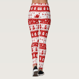 White & Red Santa Ansikte och Snögubbe Mönster Ful Leggings